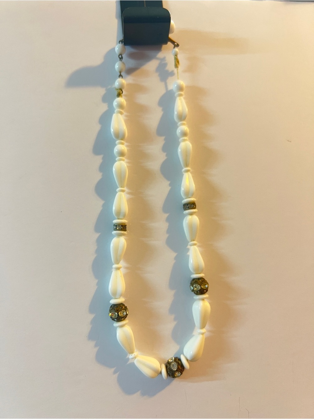 Vintage Trifari Necklace White Faux Marble Oval Beads W/Rhinestones Gold Tone